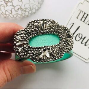 Teal Leather Cuff Bracelet | Boho Chic Silver Buckle Detail